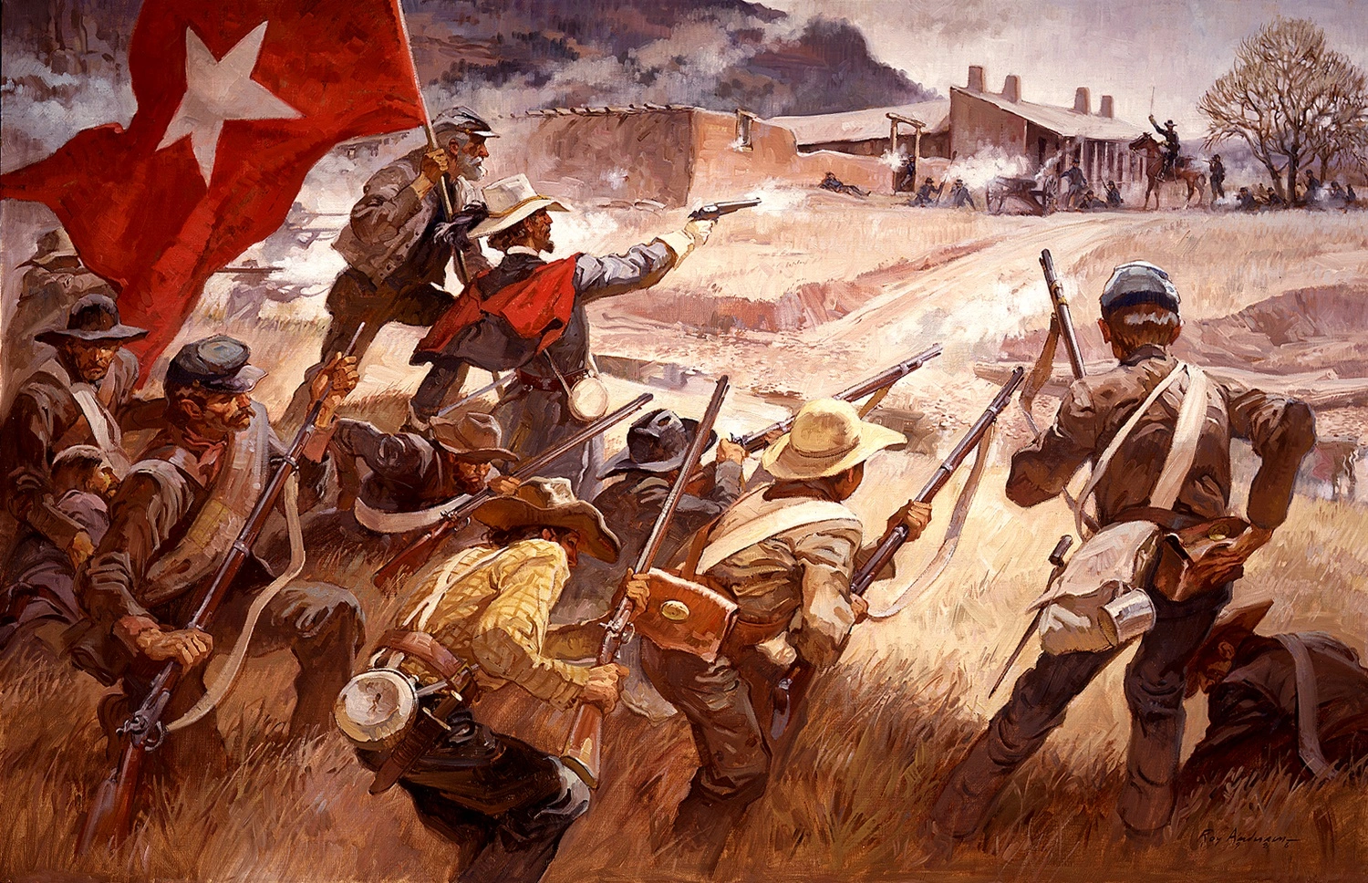 Illustration of Union and Confederate soldiers clashing at Pigeon’s Ranch during the Battle of Glorieta Pass, painted by Roy Andersen. By
