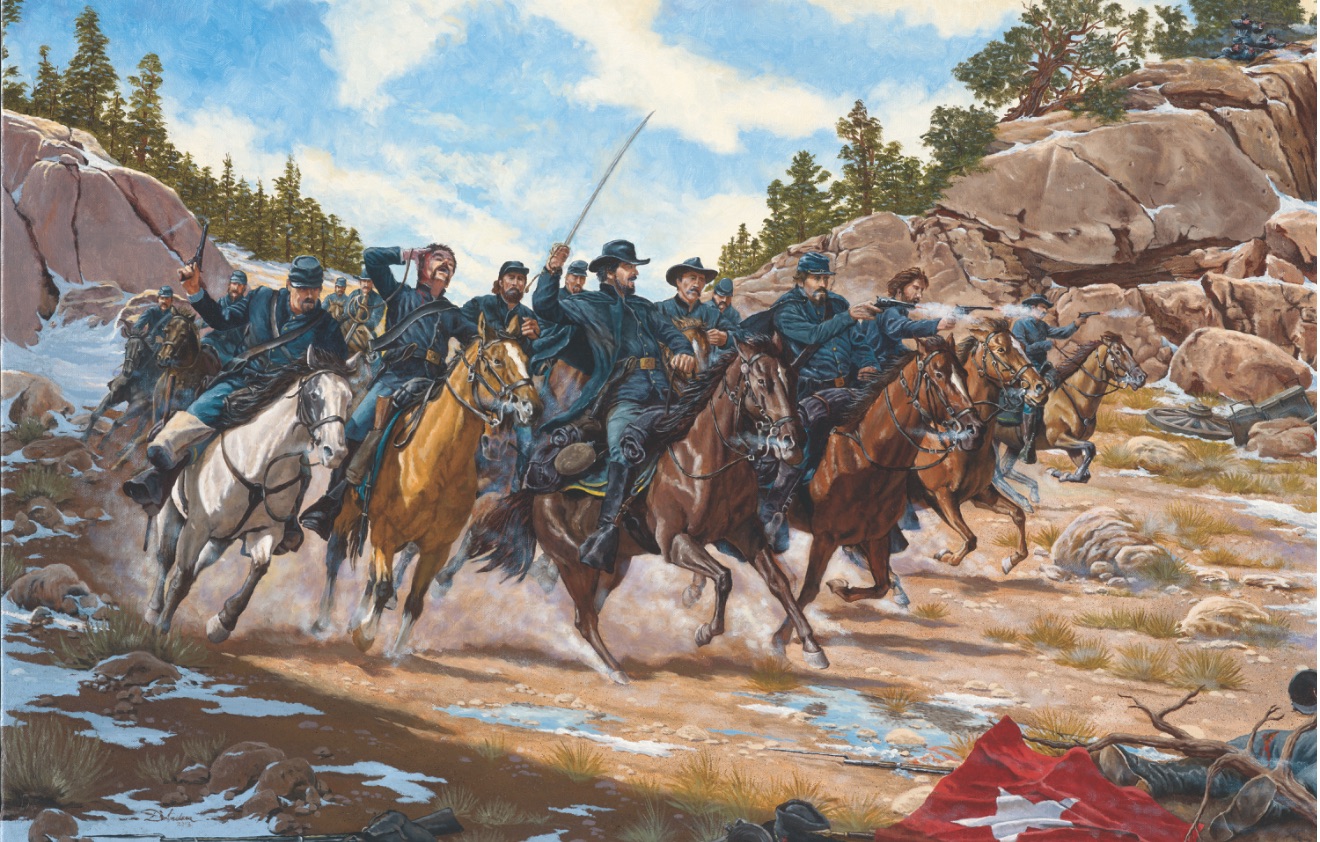 Painting of the Union cavalry charge at Apache Canyon during the Battle of Glorieta Pass, March 1862, by Domenick D’Andrea.