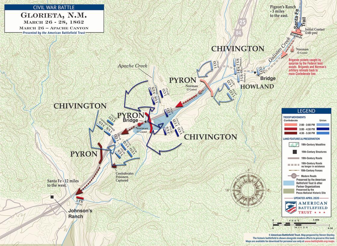 Battle map showing Union and Confederate troop movements at Apache Canyon on March 26, 1862, during the Battle of Glorieta Pass.